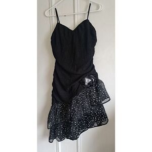 Vtg 80's womens Small Ruched Black White Polka Dot party club dress Coquette